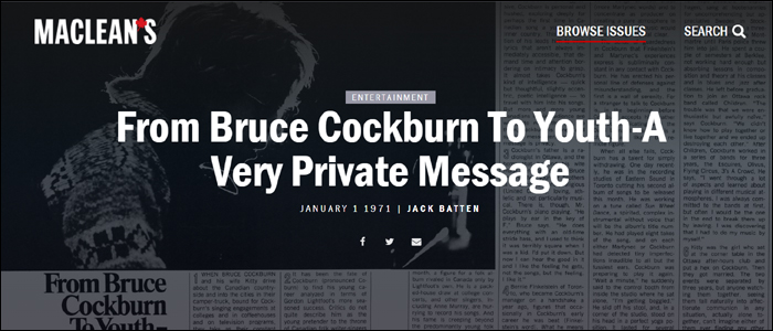 From Bruce Cockburn To Youth - A Very Private Message - macleans.ca - by Jack Batten