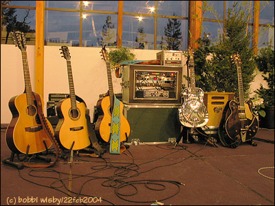 Bruce's guitars stage set up at the Mateel Community Center, Redway 22feb2004 - photo: bobbi wisby