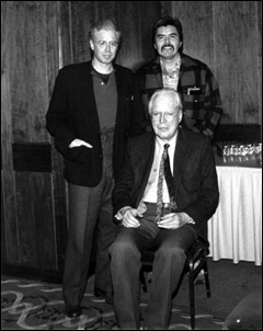 Bruce with Bill Reid (seated) and Robert Davidson in 1986.