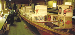 Terry Williams and Clifford Moody with Lootaas filled with completed bent wood boxes.  The boxes are for the Ancestors.
